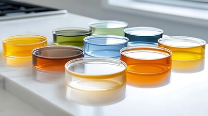 Petri dish filled with colorful bacterial colonies in circular patterns on a lab table
