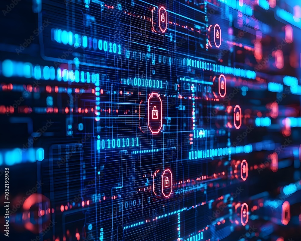 Poster secure data streams flowing through encrypted network with locked protection symbols