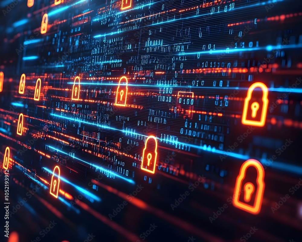 Poster secure encrypted data flows through a protected digital network with locked symbols
