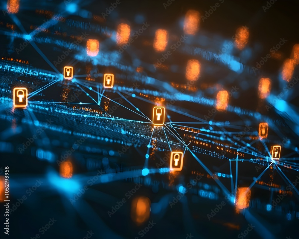 Poster secure encrypted data streams flowing through digital network with locked symbols