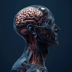 human head with brain, medical anatomy illustration