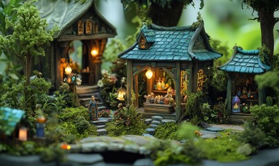 Obraz premium A miniature fairytale village with glowing lights.