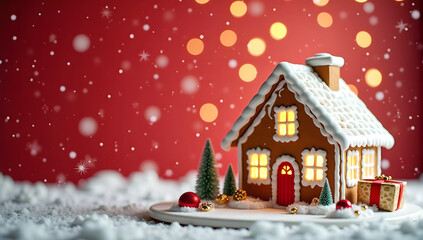 Vibrant red background with a gingerbread house and candy canes, space for text on the right side,  falling snow, ornaments, gift boxes