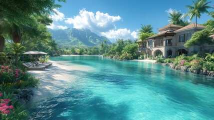Obraz premium Tropical paradise with a serene lagoon and luxurious villa.