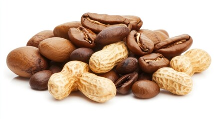 A mix of coffee beans and peanuts arranged in a pile.