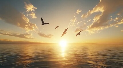  Beautiful sunset over a calm ocean with seagulls flying in the sky. Serene seascape with birds in flight.