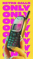 Poster. Contemporary art collage. Only retro calls. Hand with long, glittery nails holds vintage...