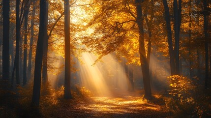 Obraz premium Warm autumn morning with golden light shining through the trees