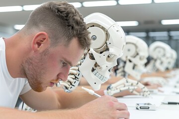 Human and humanoid robots engaged in synchronized writing task in a modern setting.