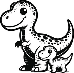 Fototapeta premium Baby T-Rex smiling, Triceratops with big, Stegosaurus, Pterodactyl flying Dinosaur coloring page for toddler