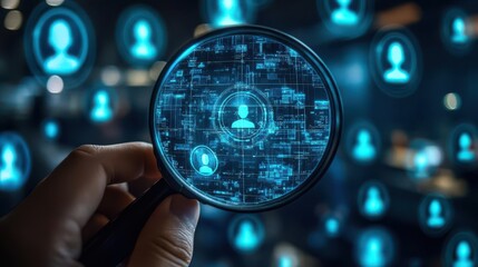 human resource management concept illustrated with a magnifying glass focusing on a manager icon among staff icons, emphasizing leadership and recruitment in a modern workplace environment