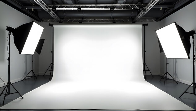 minimalist studio setup with a smooth grey floor seamlessly transitioning into a white cyc wall dramatically lit by overhead spotlights