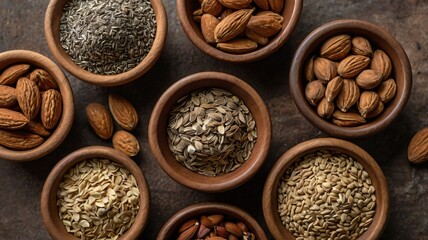 A variety of spices and nuts in wooden bowls arranged on a rustic table for culinary preparations and healthy snacking