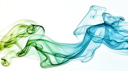 Abstract swirls of green and blue smoke against a light background, creating a fluid motion effect.