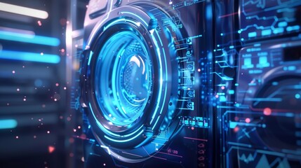 Obraz premium Futuristic washing machine showcasing a rotating drum and a digital display with data analysis, symbolizing advanced technology in laundry
