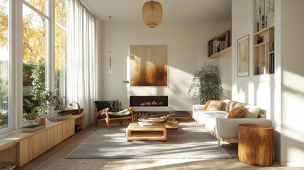 A warm living room filled with natural light, featuring neutral tones, wooden furniture, and large windows for scenic outdoor views.