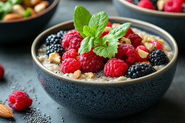 A bowl of oatmeal with raspberries and mint