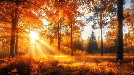 Obraz premium Scenic autumn landscape with golden light shining through the trees