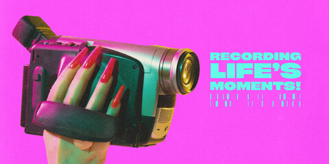 Poster. Contemporary art collage. Recording Life's Moments. hand with long red nails holds vintage camcorder against vibrant pink background. Concept of nostalgia, retro, pop art, 90s. Y2k style.