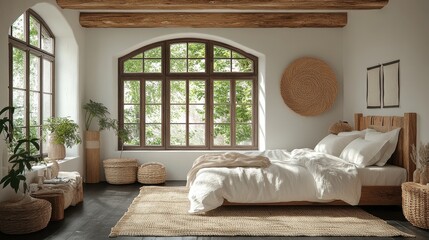 Fototapeta premium The rustic bedroom exudes warmth with wooden accents, white linens, and is bathed in natural light from large windows.