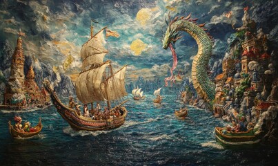 Naklejka premium Ships, dragon, and town on water.