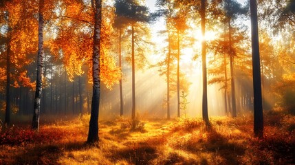 Fototapeta premium Scenic autumn landscape with golden light shining through the trees