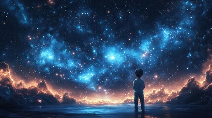 Fototapeta premium illustration of a boy gazing at a starry night sky, with shimmering galaxies and stars above, capturing a moment of hope and wonder, evoking feelings of peace and dreams