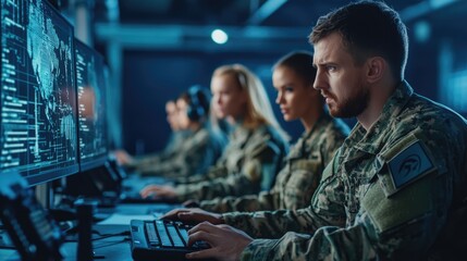 Soldier in military uniform working at a computer, engaged in analyzing data or performing tasks....