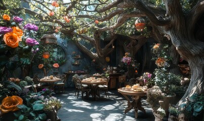 Fototapeta premium Enchanted forest cafe with tables and chairs.