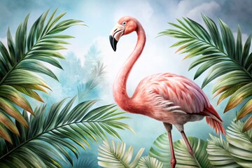 Fototapeta premium Watercolor Flamingo Art with Palm Leaves - Tropical Aesthetic and Vibrant Colors for Home Decor