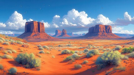 Naklejka premium illustration of a striking red western desert valley with sparse vegetation, featuring low bushes and iconic cacti, leading towards impressive sandstone buttes in the distance