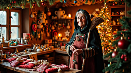Elderly Woman in Festive Kitchen with Christmas Decorations and Traditional Attire. Mystical scene of Christmas holiday traditions with a good witch