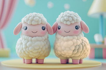 Obraz premium 3D lamb or sheep toys on the farm, cartoon pet characters, kids toys background, concept for children's products