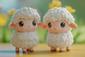 Obraz premium 3D lamb or sheep toys on the farm, cartoon pet characters, kids toys background, concept for children's products