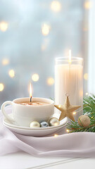 Cozy Winter Scene with Candlelit Cup, Festive Ornaments, and Evergreen Branches. Winter Christmas, Advent still life.