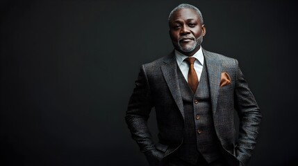 Fototapeta premium A full body shot of a mature distinguished Ghanaian gentleman dressed in a sophisticated three piece suit with a somber authoritative expression