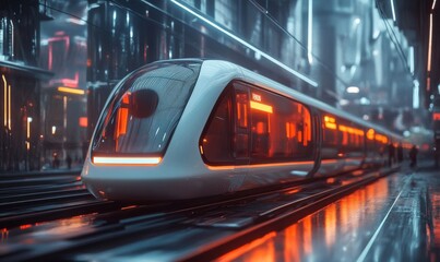 Fototapeta premium 3D electric train gliding through a futuristic cityscape, with elevated tracks and neon-lit buildings, modern and sleek