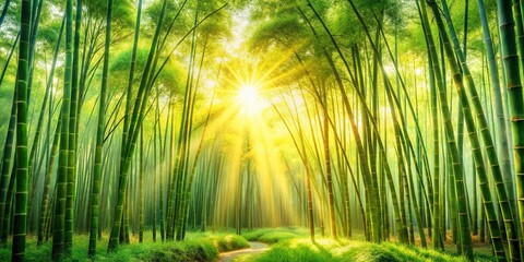Fototapeta premium Watercolor Spring Serenity: Sunlight and Bamboo Grove