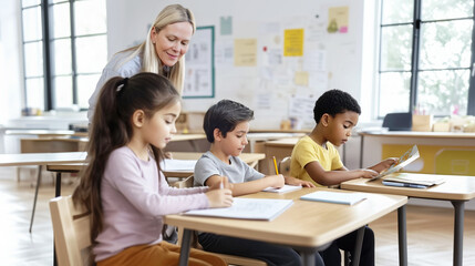 Fototapeta premium Three diverse students engage attentively in classroom activities, supported by a guiding teacher in a bright, welcoming environment that encourages focus and learning.