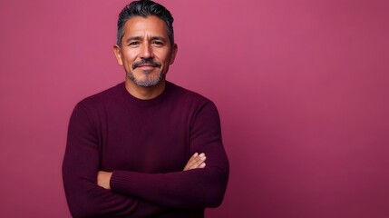 Fototapeta premium Middle aged Mexican man wearing a burgundy sweater and dark denim jeans posing confidently with a serious expression in a plain studio setting with a dusty rose background