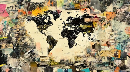 Naklejka premium A stylized world map surrounded by a collage of various textures and colors.