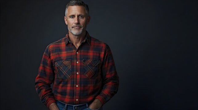 Portrait of a resolute stoic middle aged American man dressed in a rugged flannel shirt and denim jeans standing against a plain navy background with dramatic studio lighting