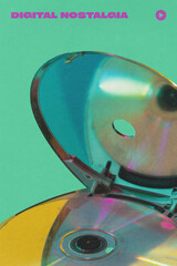 Poster. Contemporary art collage. Digital Nostalgia. Music time. Close-up of open CD case against vibrant teal background. Concept of nostalgia, retro, pop art, 90s. Y2k style.