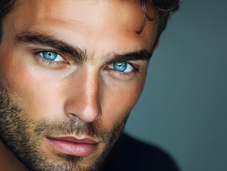 Obraz premium Piercing Gaze of a Handsome Man Set Against Minimalist Studio Backdrop