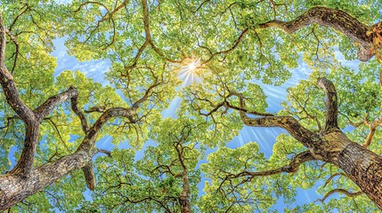 Fototapeta premium Sunset Canopy: The forest ceiling seems to catch fire as the sun sinks low. Rays filter through branches. Copy space scattered above. 