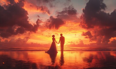 Fototapeta premium 3D newlywed couple holding hands on a beach at sunset, their silhouettes framed by vibrant orange and pink skies