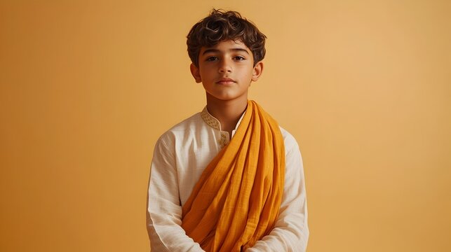 Portrait of a contemplative adolescent Indian boy dressed in a traditional kurta and dhoti posing against a plain ochre background with lighting studio setup leaving space for text above the subject