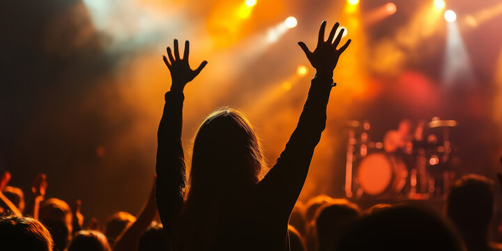 Singer performing on stage with arms up.