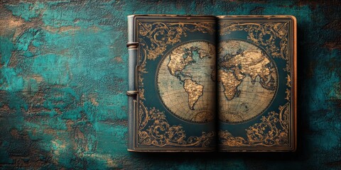 Vintage World Map Leather Bound Book on Teal Background