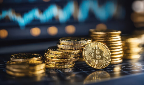 Gold Bitcoin cryptocurrency stacks with chart in background